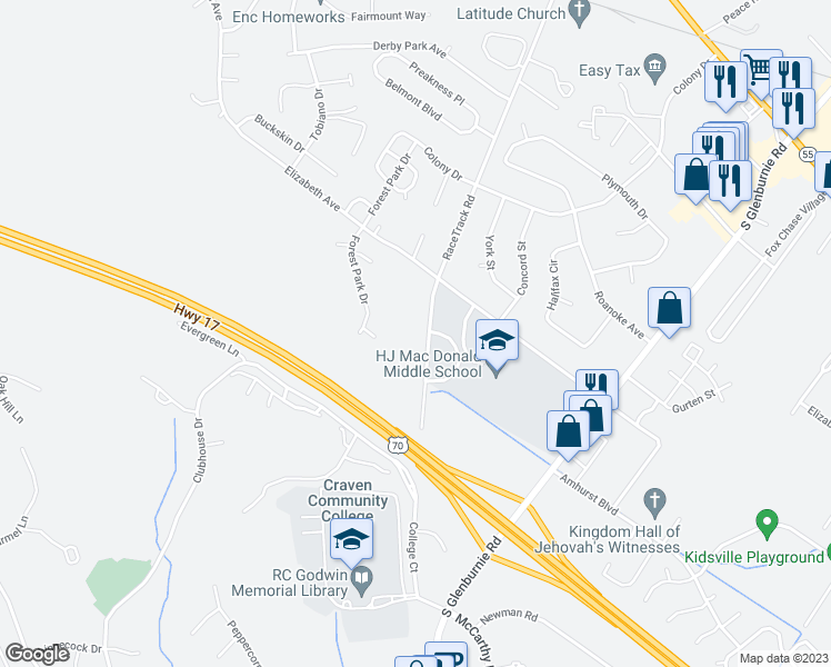 map of restaurants, bars, coffee shops, grocery stores, and more near 1477 RaceTrack Road in New Bern