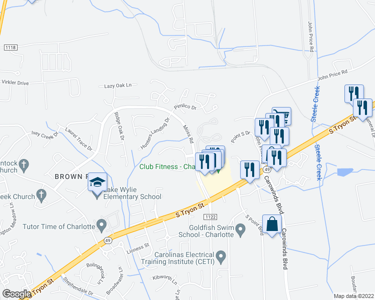 map of restaurants, bars, coffee shops, grocery stores, and more near 11403 Laurel View Drive in Charlotte