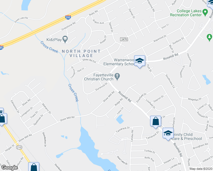 map of restaurants, bars, coffee shops, grocery stores, and more near 803 Durwood Drive in Fayetteville