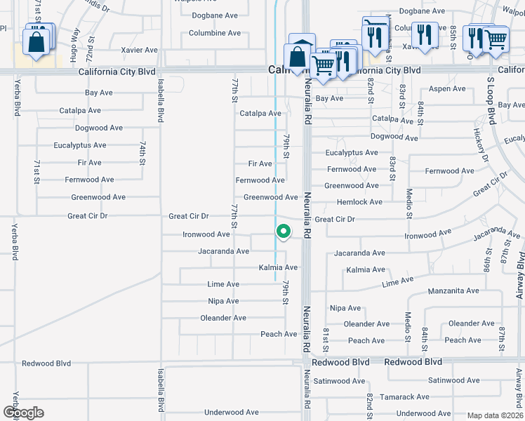 map of restaurants, bars, coffee shops, grocery stores, and more near Great Circle Drive in California City