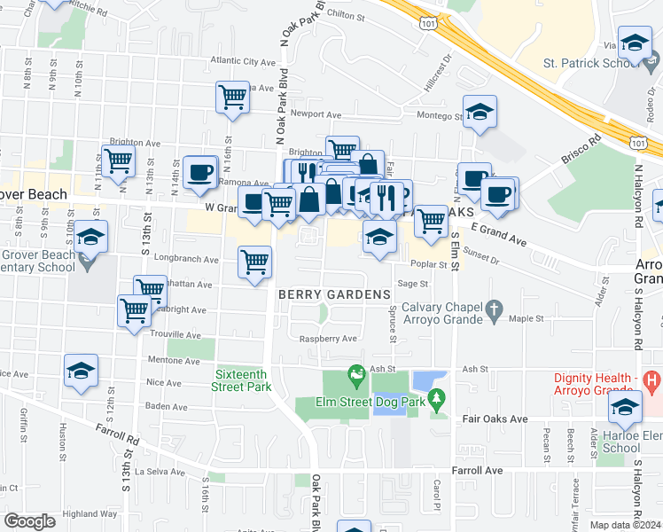 map of restaurants, bars, coffee shops, grocery stores, and more near 1488 Strawberry Avenue in Arroyo Grande