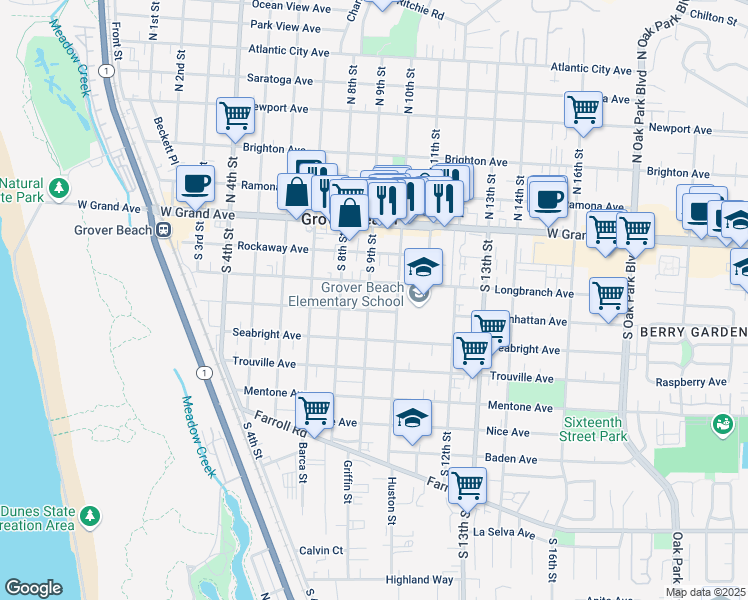 map of restaurants, bars, coffee shops, grocery stores, and more near 375 South 9th Street in Grover Beach