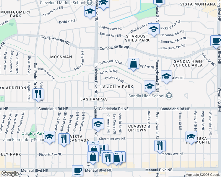 map of restaurants, bars, coffee shops, grocery stores, and more near 7033 Kiowa Avenue Northeast in Albuquerque