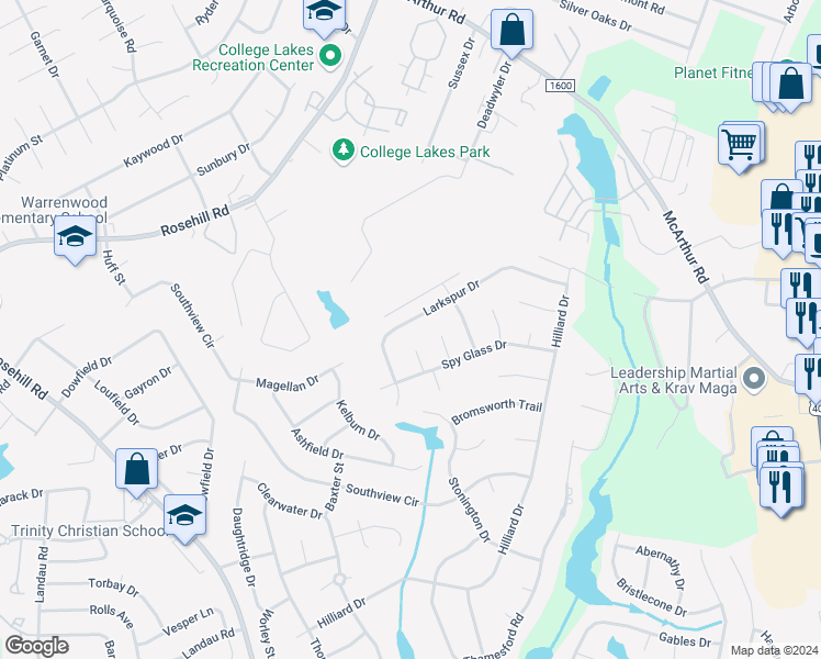 map of restaurants, bars, coffee shops, grocery stores, and more near 727 Larkspur Drive in Fayetteville