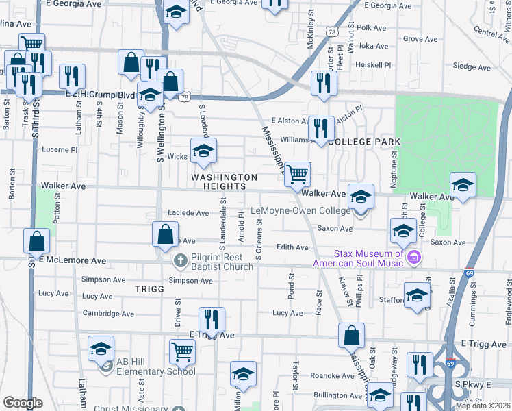 map of restaurants, bars, coffee shops, grocery stores, and more near 643 Walker Avenue in Memphis