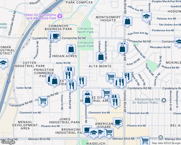map of restaurants, bars, coffee shops, grocery stores, and more near 3100 Aztec Road Northeast in Albuquerque