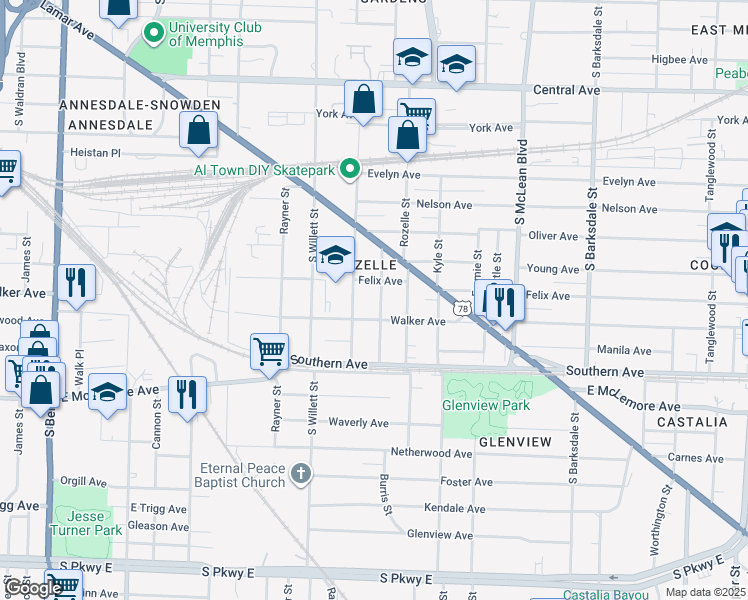 map of restaurants, bars, coffee shops, grocery stores, and more near 959 Oakview Street in Memphis