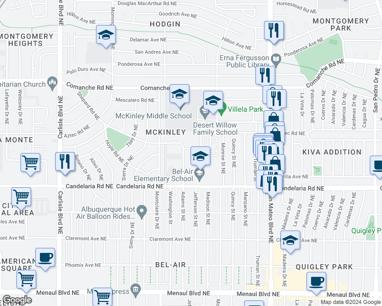 map of restaurants, bars, coffee shops, grocery stores, and more near 4515 Shepard Road Northeast in Albuquerque
