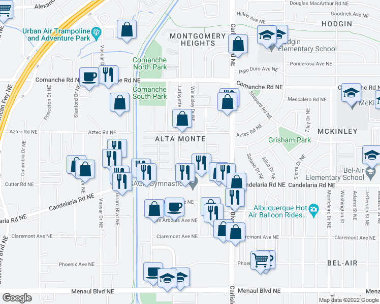 map of restaurants, bars, coffee shops, grocery stores, and more near 3224 Lafayette Drive Northeast in Albuquerque