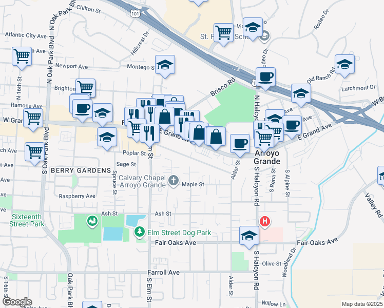 map of restaurants, bars, coffee shops, grocery stores, and more near 1119 East Grand Avenue in Arroyo Grande