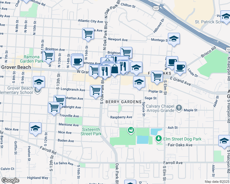 map of restaurants, bars, coffee shops, grocery stores, and more near 1517 Elderberry Court in Arroyo Grande
