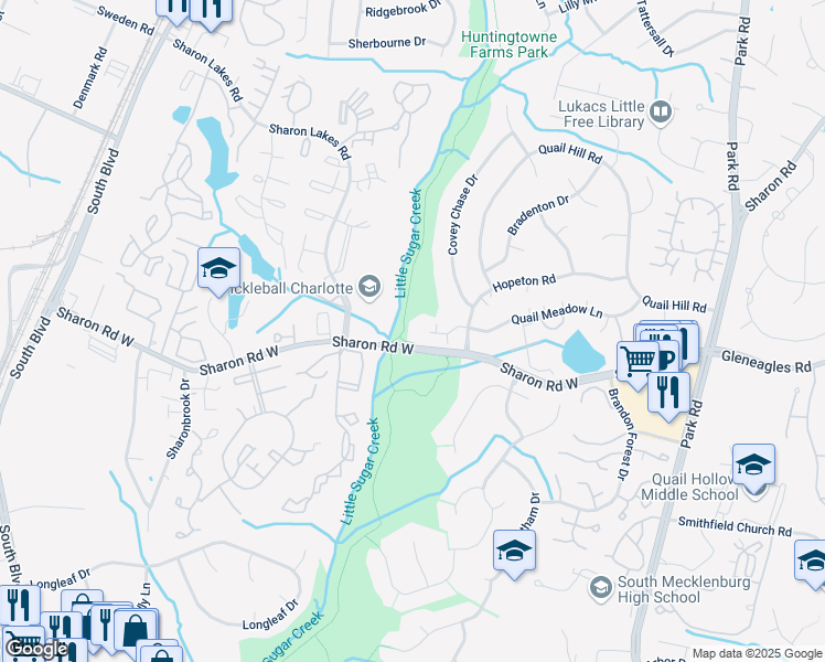 map of restaurants, bars, coffee shops, grocery stores, and more near 7546 Quail Meadow Lane in Charlotte