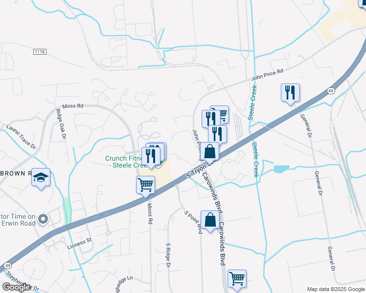 map of restaurants, bars, coffee shops, grocery stores, and more near 10800 Point South Drive in Charlotte