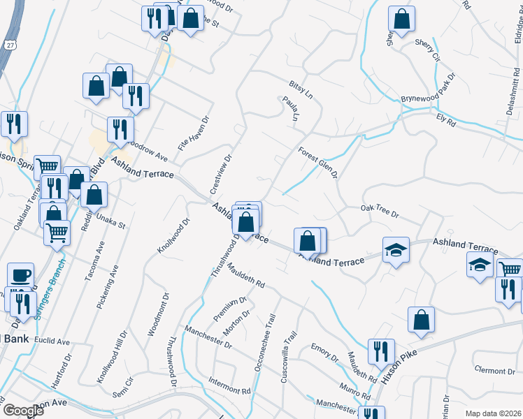 map of restaurants, bars, coffee shops, grocery stores, and more near 520 Ely Road in Chattanooga