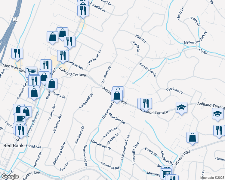 map of restaurants, bars, coffee shops, grocery stores, and more near 513 Ely Road in Chattanooga