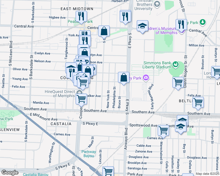 map of restaurants, bars, coffee shops, grocery stores, and more near 2259 Young Avenue in Memphis