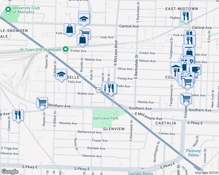 map of restaurants, bars, coffee shops, grocery stores, and more near 971 Seattle Street in Memphis
