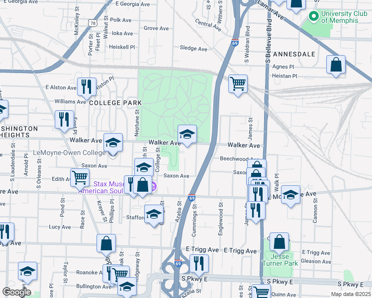 map of restaurants, bars, coffee shops, grocery stores, and more near 1111 Walker Avenue in Memphis