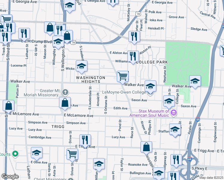 map of restaurants, bars, coffee shops, grocery stores, and more near 643 Walker Avenue in Memphis