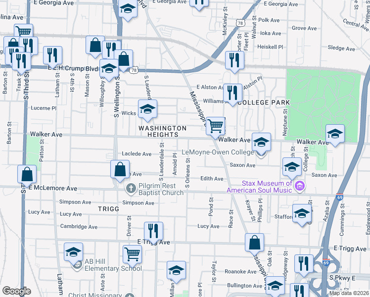 map of restaurants, bars, coffee shops, grocery stores, and more near 643 Walker Avenue in Memphis