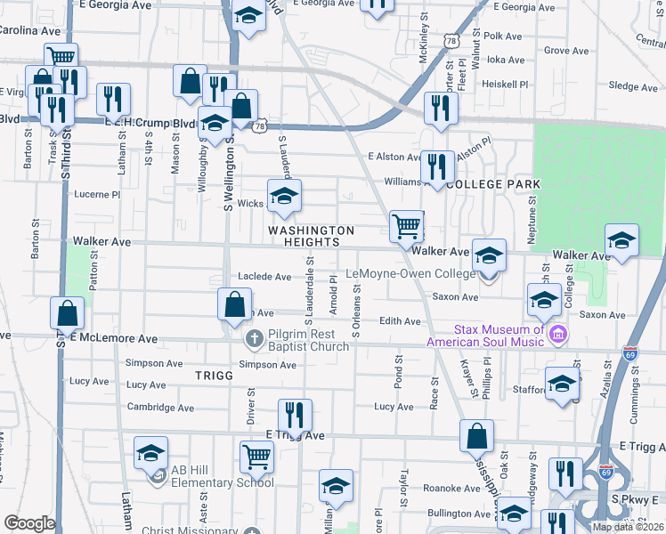 map of restaurants, bars, coffee shops, grocery stores, and more near 599 Walker Avenue in Memphis