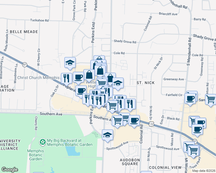 map of restaurants, bars, coffee shops, grocery stores, and more near 427 South Perkins Road in Memphis