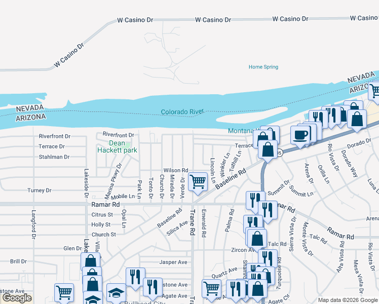 map of restaurants, bars, coffee shops, grocery stores, and more near 1328 Verde Drive in Bullhead City