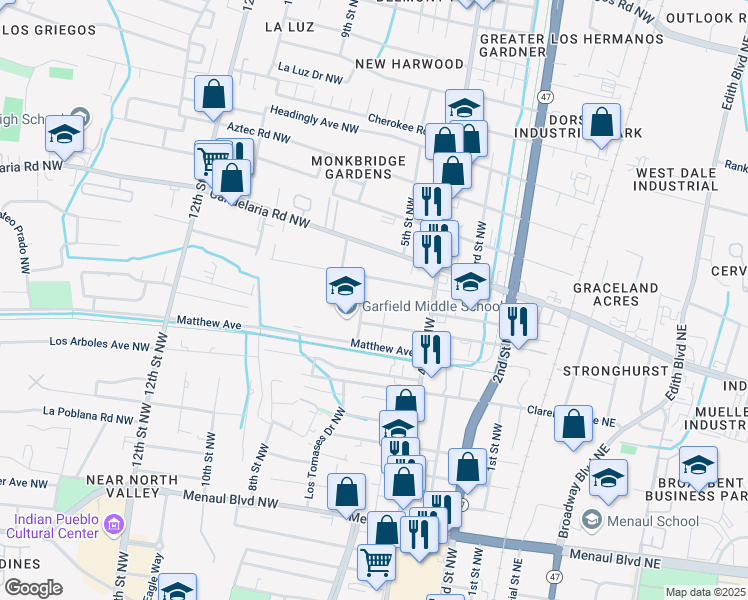 map of restaurants, bars, coffee shops, grocery stores, and more near 516 Fitzgerald Road Northwest in Albuquerque