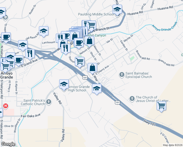 map of restaurants, bars, coffee shops, grocery stores, and more near 426 Traffic Way in Arroyo Grande