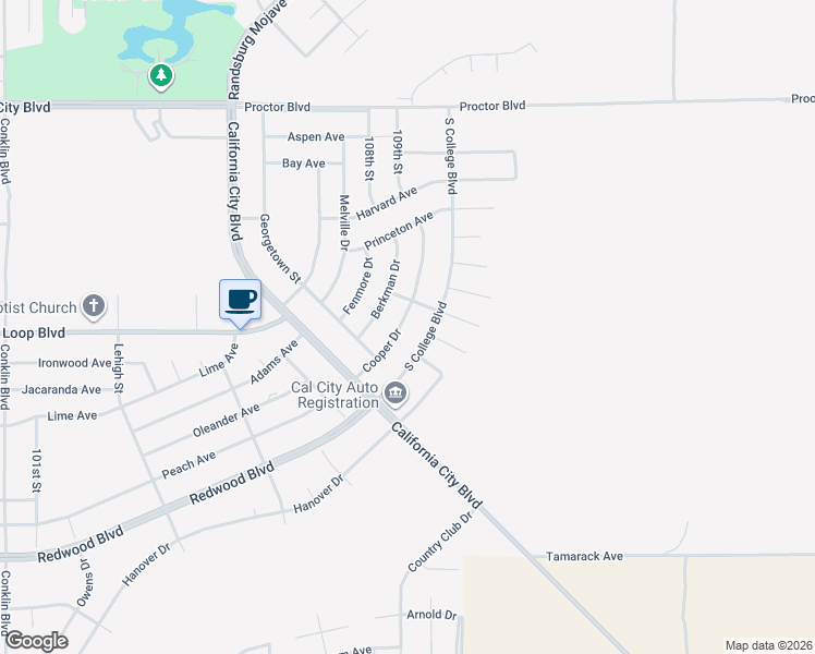 map of restaurants, bars, coffee shops, grocery stores, and more near 20520 Berkman Drive in California City