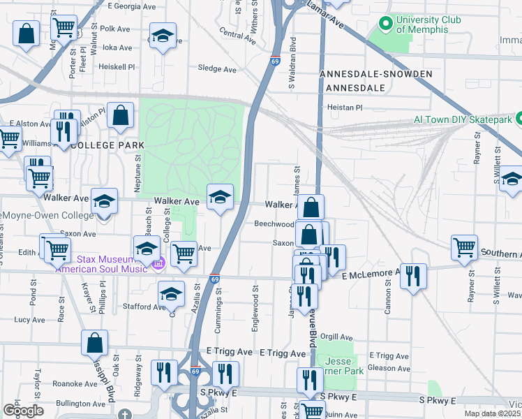 map of restaurants, bars, coffee shops, grocery stores, and more near 1111 Walker Avenue in Memphis