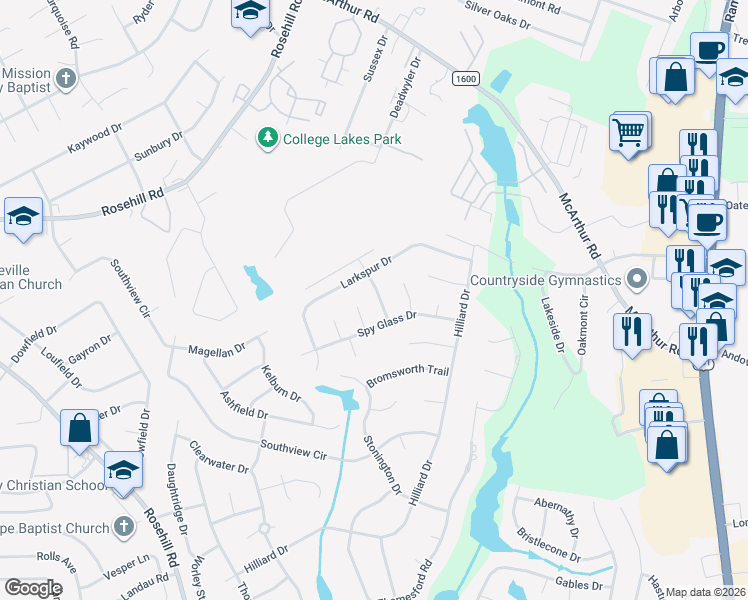 map of restaurants, bars, coffee shops, grocery stores, and more near 4017 Bankside Drive in Fayetteville