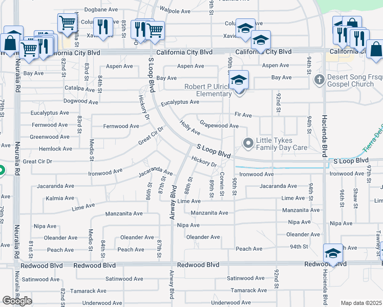 map of restaurants, bars, coffee shops, grocery stores, and more near 8801 Hickory Drive in California City