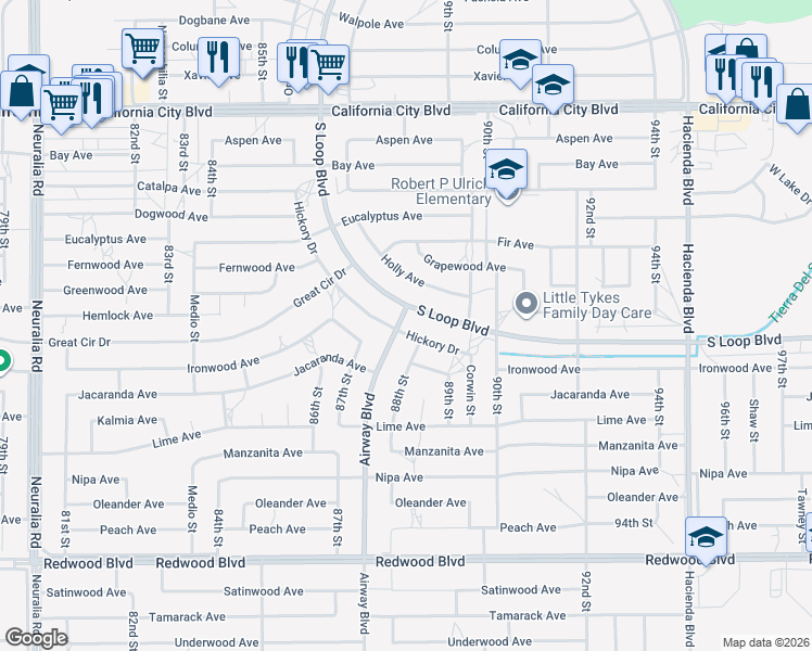 map of restaurants, bars, coffee shops, grocery stores, and more near 8801 Hickory Drive in California City