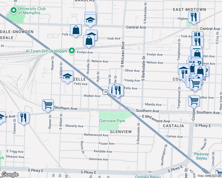 map of restaurants, bars, coffee shops, grocery stores, and more near 971 Seattle Street in Memphis