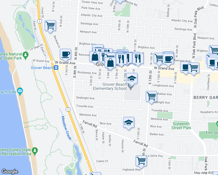 map of restaurants, bars, coffee shops, grocery stores, and more near 355 South 8th Street in Grover Beach