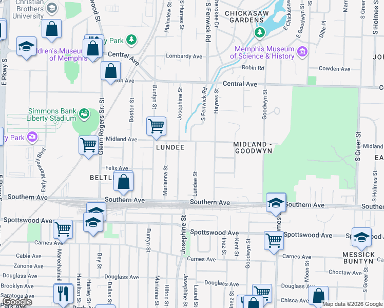 map of restaurants, bars, coffee shops, grocery stores, and more near 455 Lundee Street in Memphis