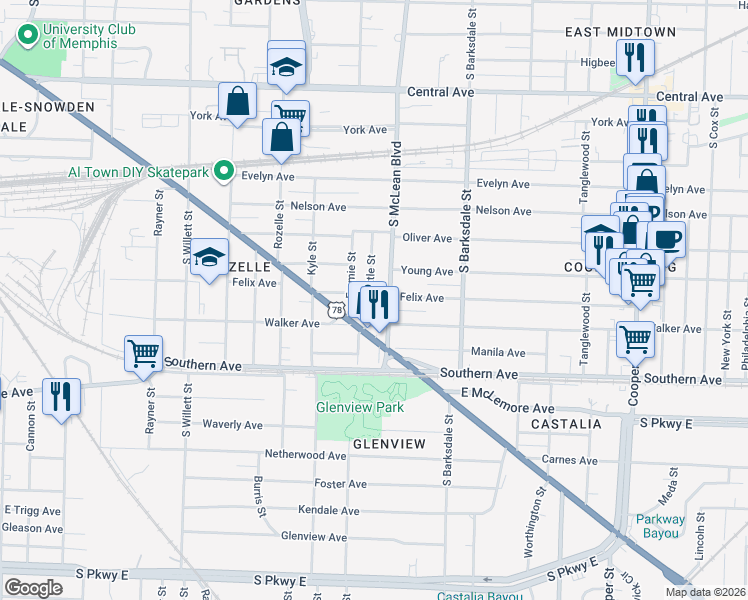 map of restaurants, bars, coffee shops, grocery stores, and more near 971 Seattle Street in Memphis