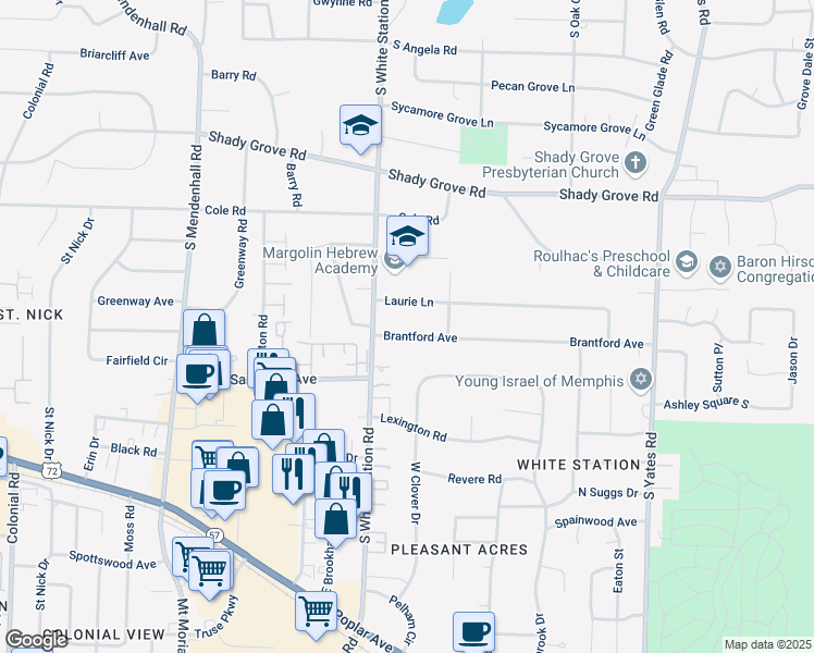 map of restaurants, bars, coffee shops, grocery stores, and more near 5273 Laurie Lane in Memphis