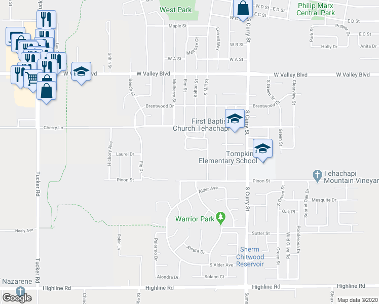 map of restaurants, bars, coffee shops, grocery stores, and more near 434 Sherwood Place in Tehachapi