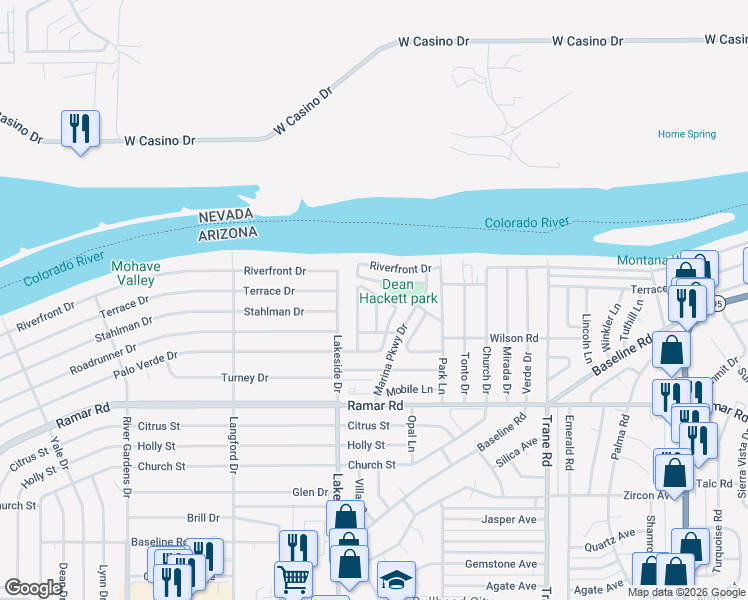 map of restaurants, bars, coffee shops, grocery stores, and more near 1032 Terrace Drive in Bullhead City