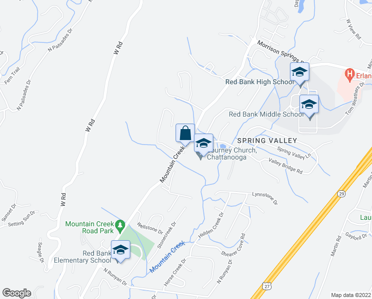 map of restaurants, bars, coffee shops, grocery stores, and more near 1182 Mountain Creek Road in Chattanooga