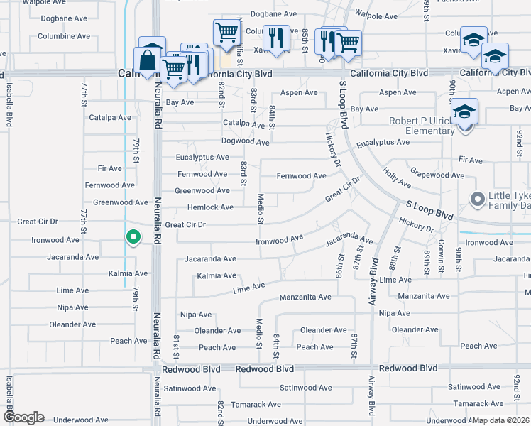 map of restaurants, bars, coffee shops, grocery stores, and more near 20561 Medio Street in California City
