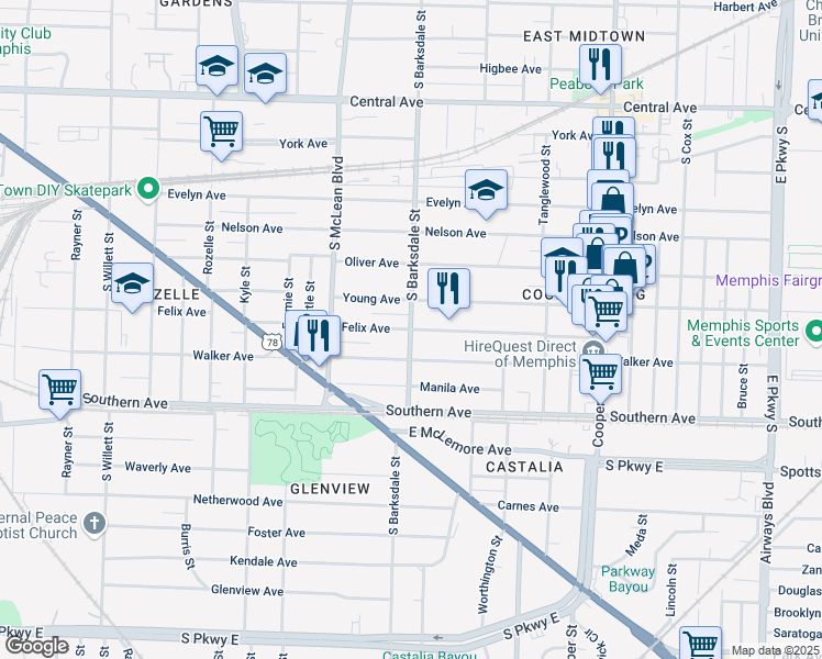 map of restaurants, bars, coffee shops, grocery stores, and more near South Barksdale Street & Felix Avenue in Memphis