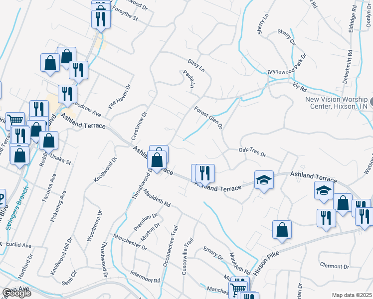 map of restaurants, bars, coffee shops, grocery stores, and more near 401 Narrows Way in Chattanooga