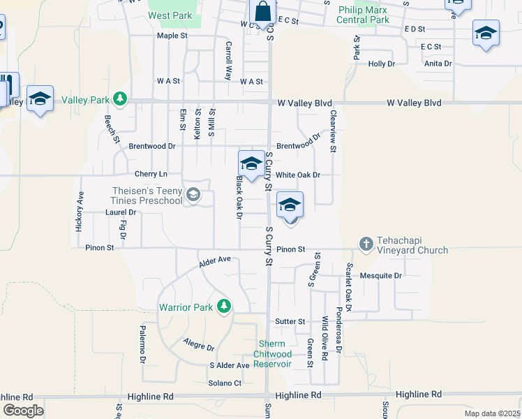 map of restaurants, bars, coffee shops, grocery stores, and more near 205 Spruce Street in Tehachapi