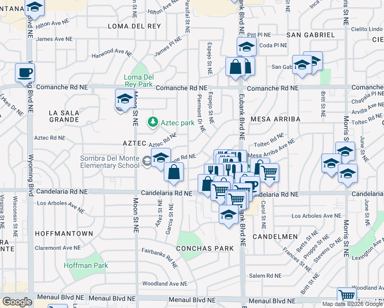 map of restaurants, bars, coffee shops, grocery stores, and more near 9400 Alta monte Avenue Northeast in Albuquerque