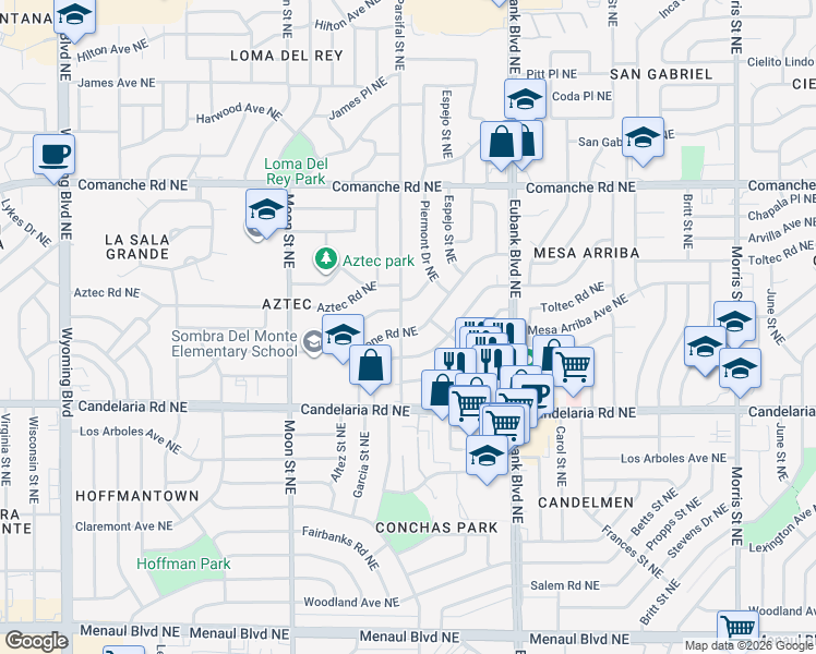 map of restaurants, bars, coffee shops, grocery stores, and more near 9400 Alta monte Avenue Northeast in Albuquerque