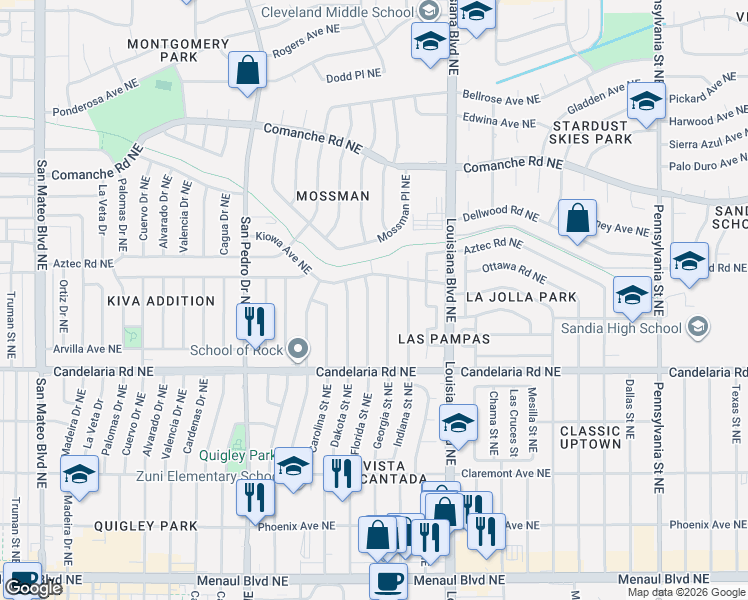 map of restaurants, bars, coffee shops, grocery stores, and more near 3224 Florida Street Northeast in Albuquerque