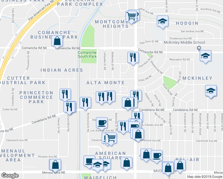 map of restaurants, bars, coffee shops, grocery stores, and more near 3224 Lafayette Drive Northeast in Albuquerque
